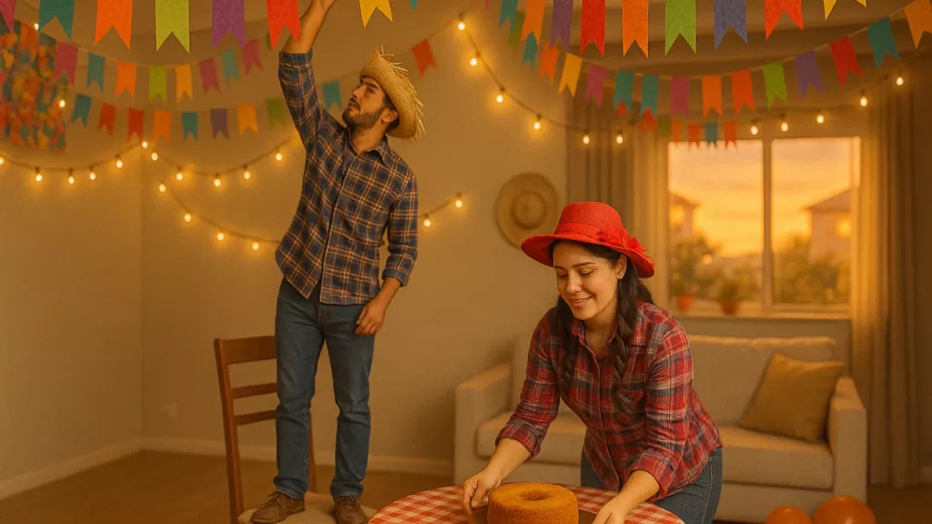 Casal decorando a sala para comemorar festa junina em apartamento de um jeito muito criativo e elegante com 25 ideias criativas.