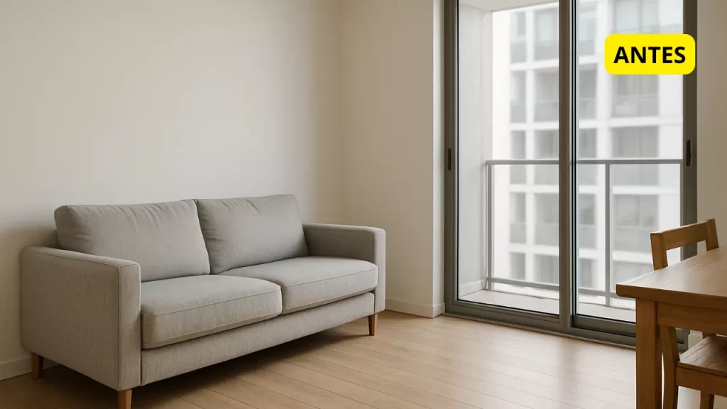 Sala de apartamento moderno (30m²), com sofá branco, parede lisa e janela de vidro para projetar a festa junina em apartamento com 25 ideias incríveis + PDF de receitas juninas gratuito.