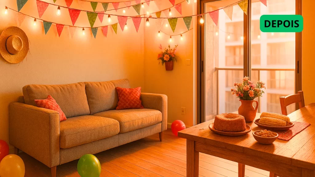 "Foto de um apartamento pequeno decorado para Festa Junina, com bandeirinhas coloridas, chapéu de palha na parede e mesa temática com milho verde e bolo de fubá. Inspiração para celebrar São João em espaços reduzidos!"