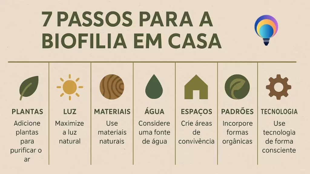 Infográfico ilustrando sete passos para aplicar a Biofilia na Decoração de Casa em 2025, com destaque para plantas, luz e mais.