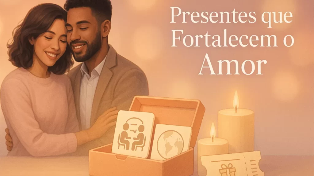 Casal abraçado com presentes que fortalecem relações, ideal para esse dia dos namorados 2025.