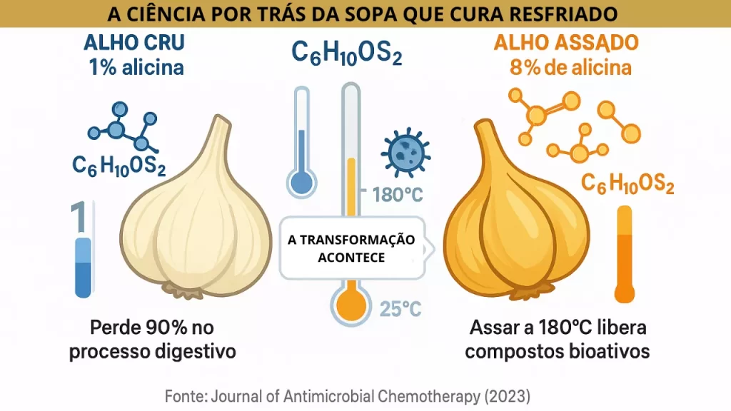 Infográfico interativo: Alicina na sopa de alho assado cura resfriado - biodisponibilidade 8x maior que no alho cru