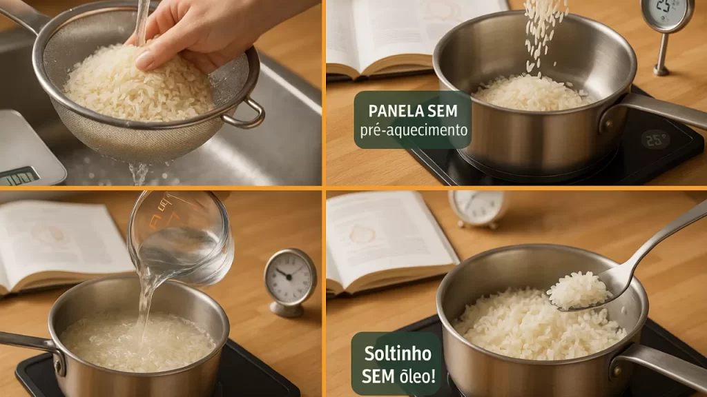 "Passo a passo do método da panela fria: lavando arroz, adicionando em panela fria, colocando água e resultando em arroz soltinho sem óleo."