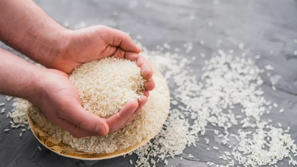 Arroz cru, pronto para o método da panela fria, garantindo arroz soltinho sem óleo."