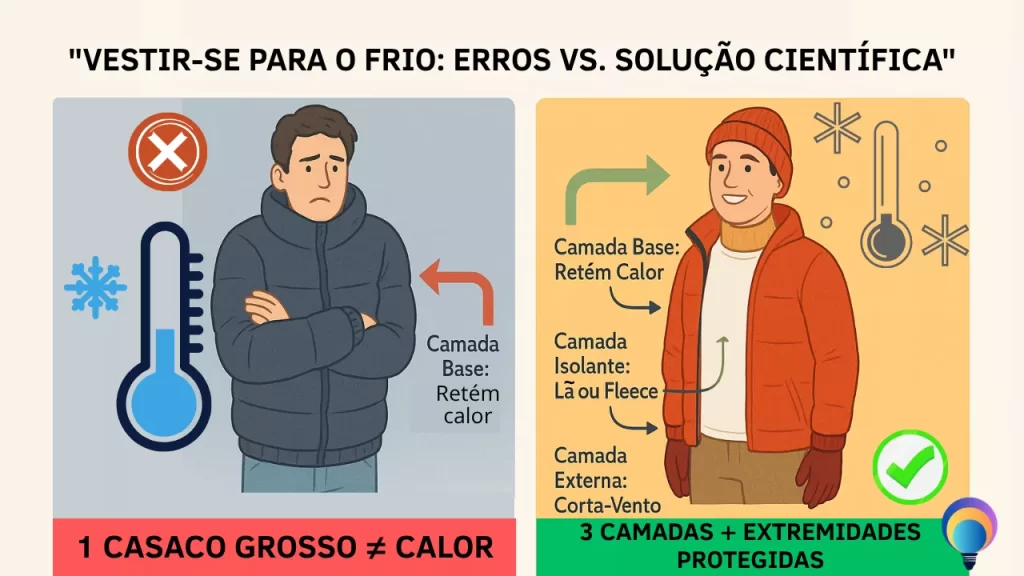 Comparativo Como não sentir frio mesmo com temperatura baixa: vestir 1 casaco vs. técnica das 3 camadas para não sentir frio
