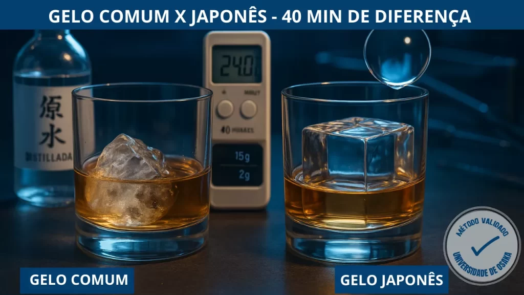 Microscopia virtual: à esquerda, gelo comum com bolhas de ar; à direita, estrutura hexagonal perfeita do gelo japonês - o segredo da durabilidade!