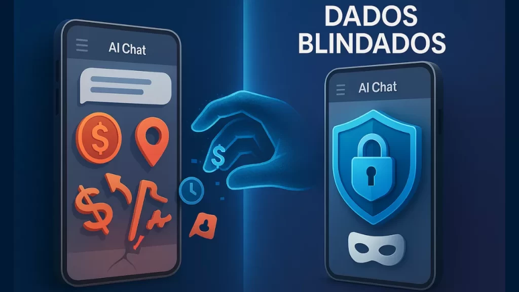 Ilustração de escudo digital protegendo dados, simbolizando estratégias para o que não contar a uma IA."