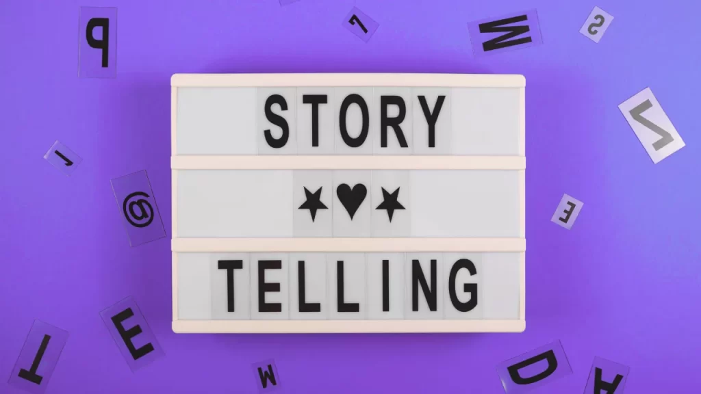 Palavra story telling em um quadro como conclusão de que você pode postar um story e não ser respondido porque 65% das pessoas ignoram Stories por falta de tempo