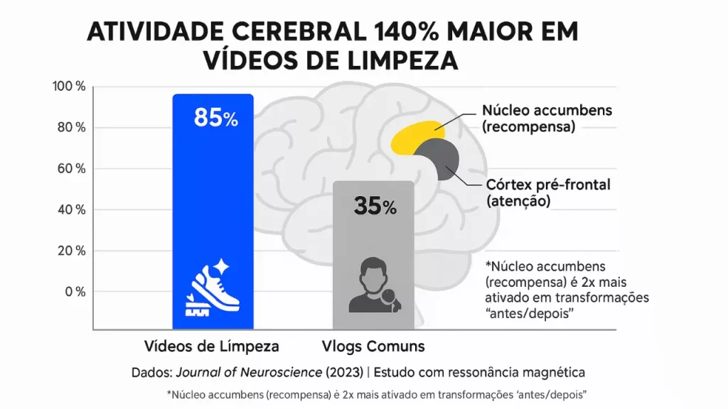 Gráfico comparando a atividade cerebral ao assistir vídeos de limpeza viciantes vs. vlogs comuns.