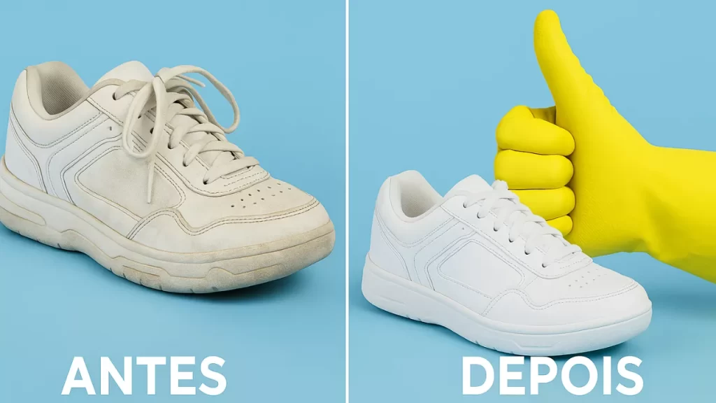 Antes e depois de um tênis limpo vs sujo são vídeos de limpeza viciantes em redes sociais.