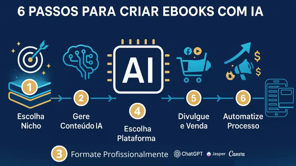 "Infográfico mostrando 6 passos para criar e vender eBooks com IA: escolha nicho, gere conteúdo, formate, escolha plataforma, divulgue e automatize processo"
