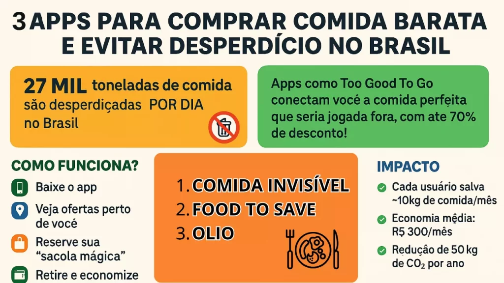 Descubra 3 apps brasileiros que vendem comida barata e reduzem desperdício, igual Too Good To Go. Economize até 70% e salve alimentos do lixo!
