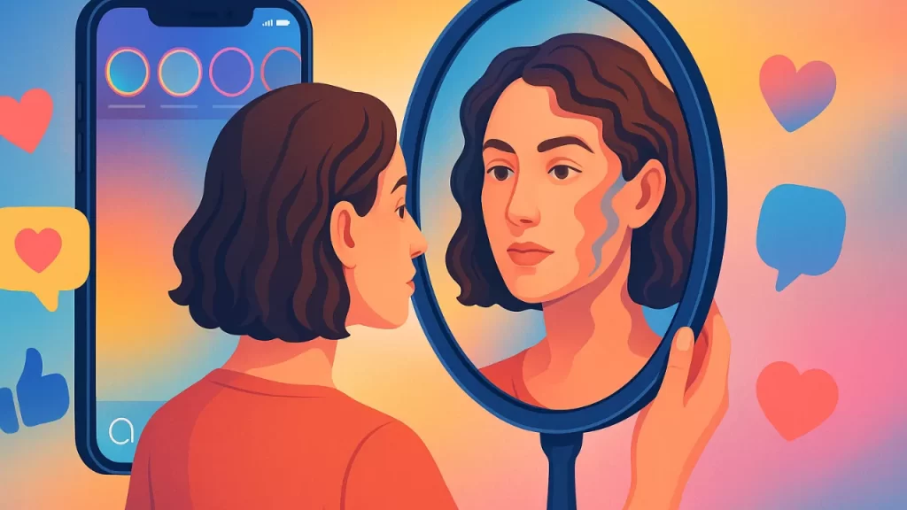 "Um espelho surreal levemente distorcido refletindo um rosto, cercado por ícones abstratos de Instagram, como corações e símbolos de Stories, em um fundo vibrante com tons de azul, rosa e amarelo. Um smartphone exibe uma tela de Stories, sugerindo o impacto do Instagram na autoimagem, em um design moderno e equilibrado sem texto."