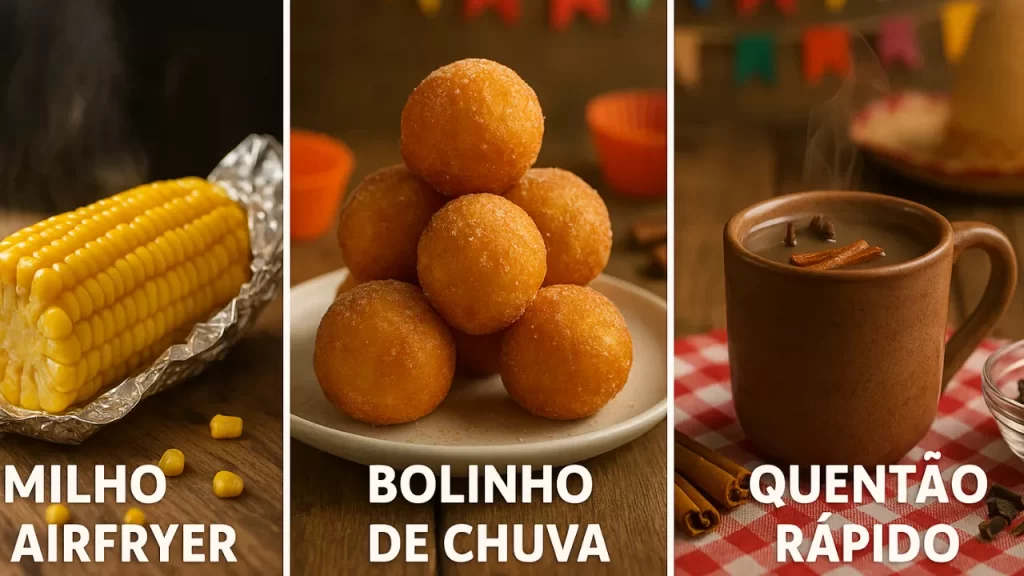 "Três receitas de festa junina na airfryer: milho embrulhado em papel alumínio, bolinhos de chuva dourados com açúcar e canela, e quentão quente em caneca rústica"