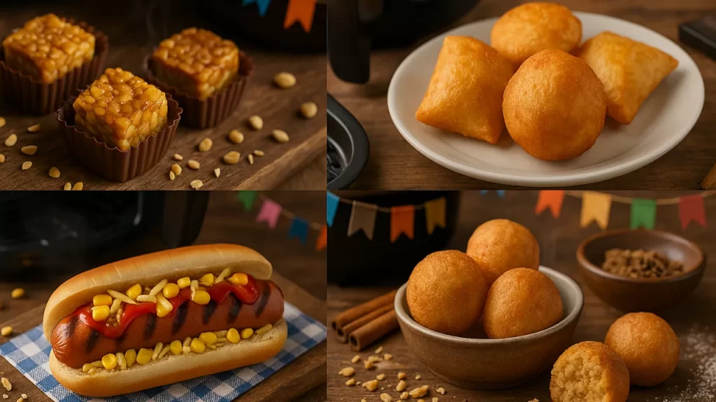 "Quatro receitas juninas na airfryer dispostas em grade: pé de moleque em forminhas, pastéis dourados, cachorro-quente completo e paçocas assadas redondas"