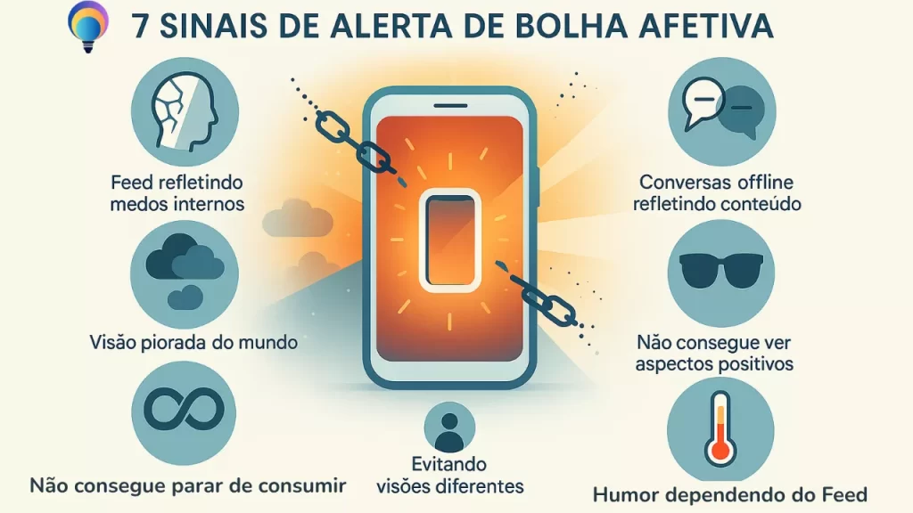 Infográfico apresentando os 7 sinais de alerta de bolha afetiva nas redes sociais