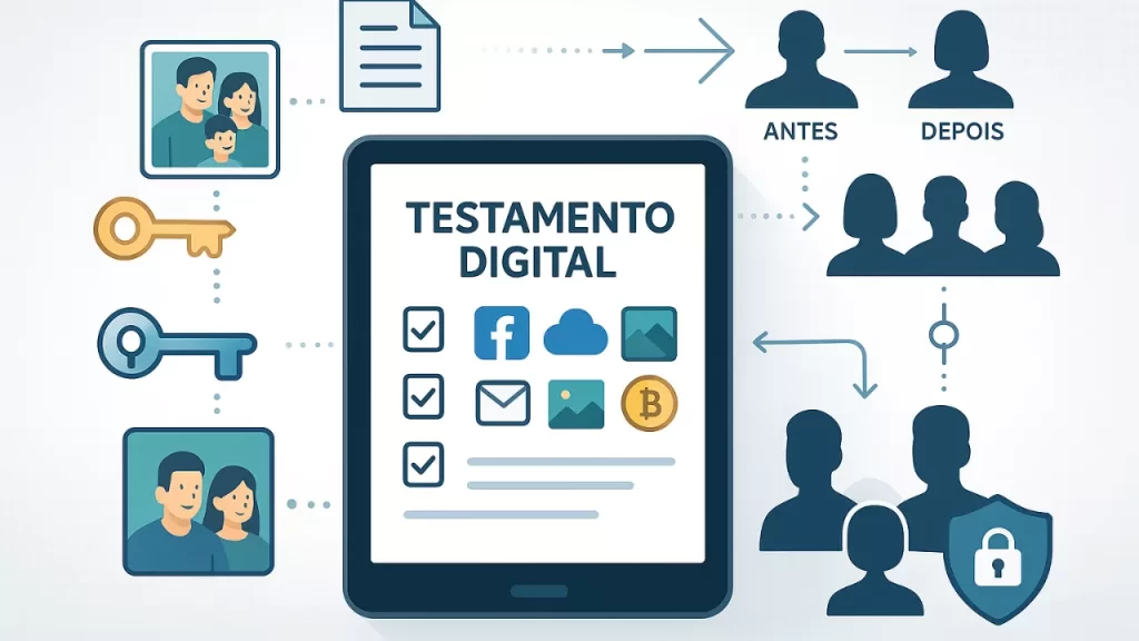 Ilustração de testamento digital mostrando tablet com documento de herança, ícones de redes sociais, chaves de senha e família recebendo bens digitais