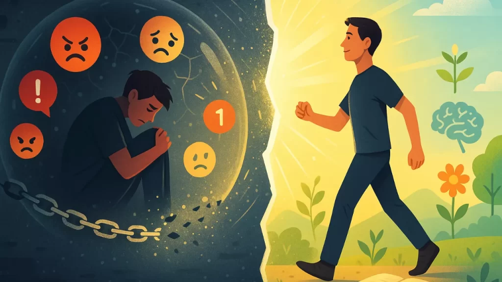 Ilustração conceitual mostrando pessoa quebrando livre da bolha afetiva das redes sociais em direção à liberdade digital e bem-estar mental