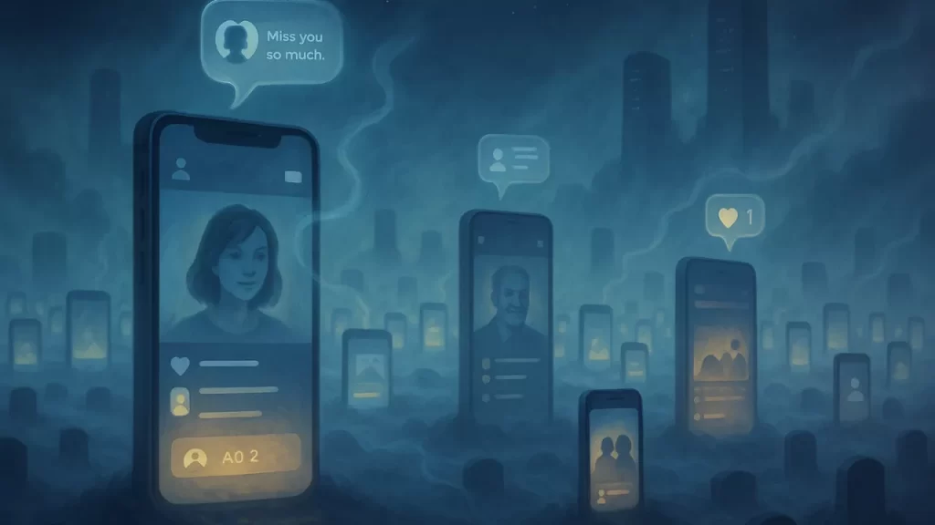 Cemitério digital conceitual com dispositivos móveis como lápides exibindo perfis de redes sociais e memórias digitais