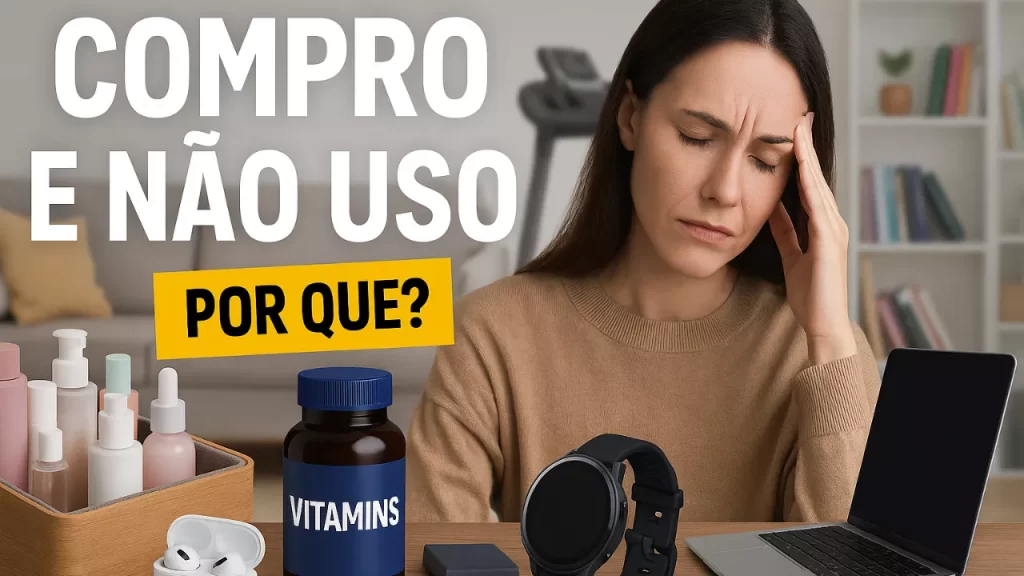Mulher frustrada sentada em casa cercada por livros, cosméticos e gadgets não utilizados, representando o padrão psicológico de compras por impulso e abandono do uso — síndrome do compro e não uso.