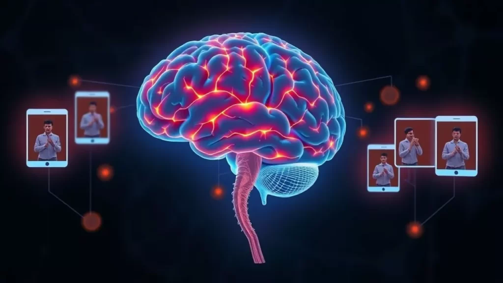 Ilustração científica mostrando neurônios-espelho e como cérebro processa efeito manada no Instagram"