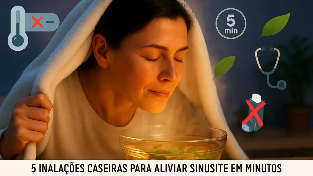 "Mulher fazendo uma das receitas para inalações caseiras com vapor de eucalipto para aliviar sinusite, com fundo azul e elementos de alívio imediato"
