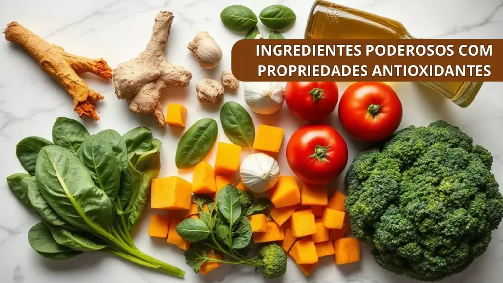 "Ingredientes essenciais para as sopas cremosas anti-idade para inverno dispostos em mármore: cúrcuma, gengibre, alho, vegetais frescos e azeite"