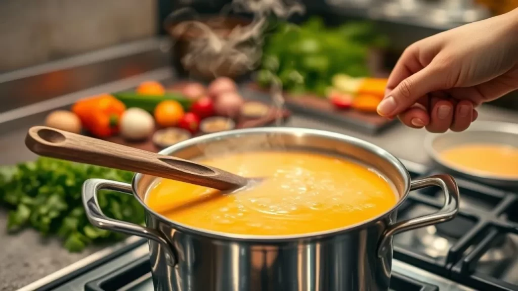 "Mãos preparando sopa cremosa anti-idade em panela, vapor subindo, técnica de cozimento para preservar antioxidantes"