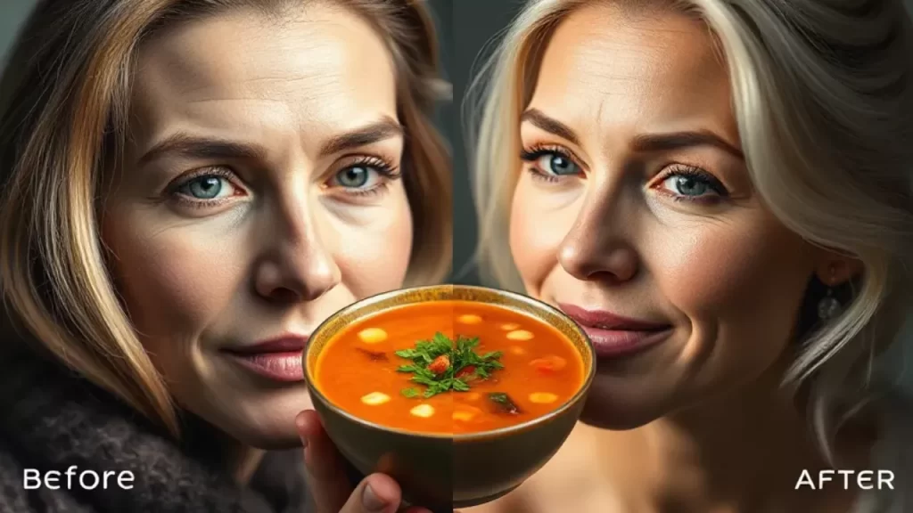 Antes e depois mostrando melhora da pele com consumo de sopas cremosas anti-idade, tigela de sopa colorida ao centro"