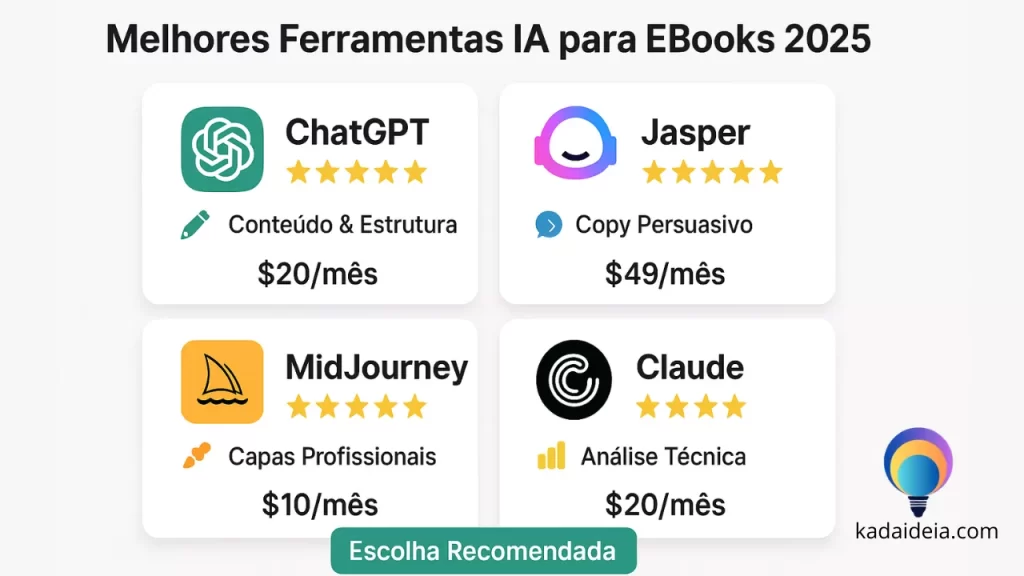 "Comparativo das melhores ferramentas de IA para criar eBooks em 2025: ChatGPT, Jasper, MidJourney e Claude com preços e avaliações"