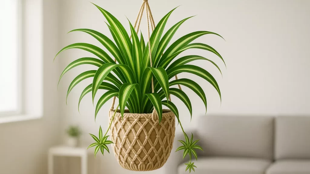 "Planta-aranha com folhas verdes cascantes em uma cesta de macramê bege, pendurada em uma sala de estar minimalista com sofá cinza e luz natural."