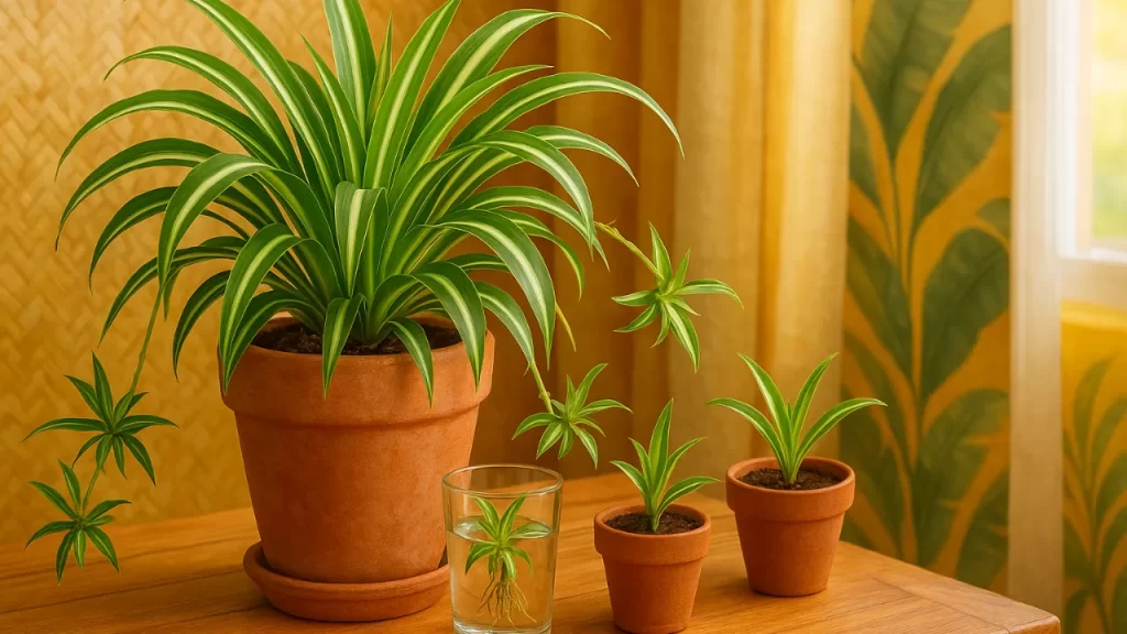 "Planta-aranha em um vaso de barro rústico com filhotes sendo propagados em um copo de água e pequenos vasos, em uma mesa de madeira tropical com fundo de folhas."