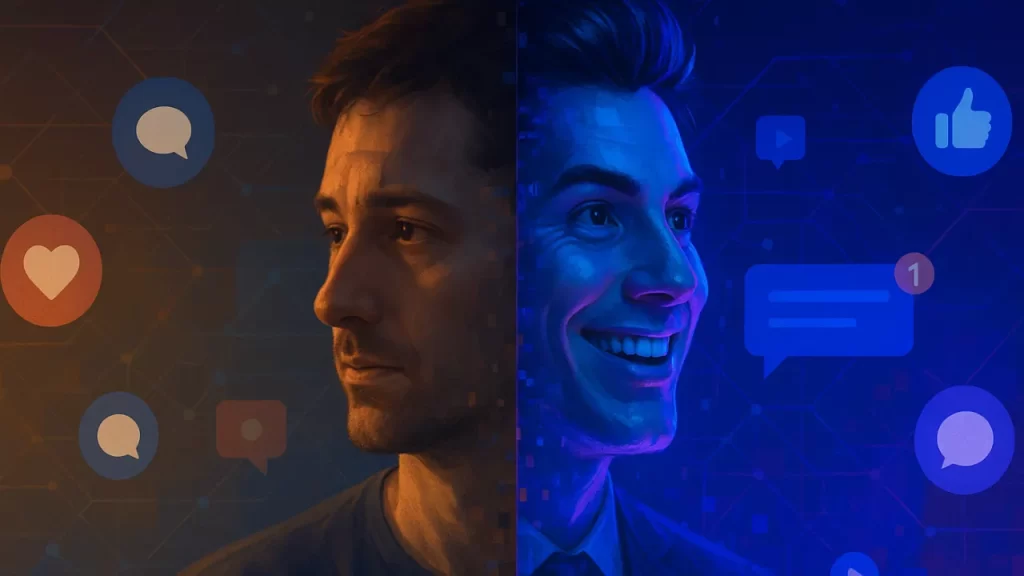"Psicologia da dependência de redes sociais - pessoa ansiosa buscando validação digital através de notificações e likes em smartphones"