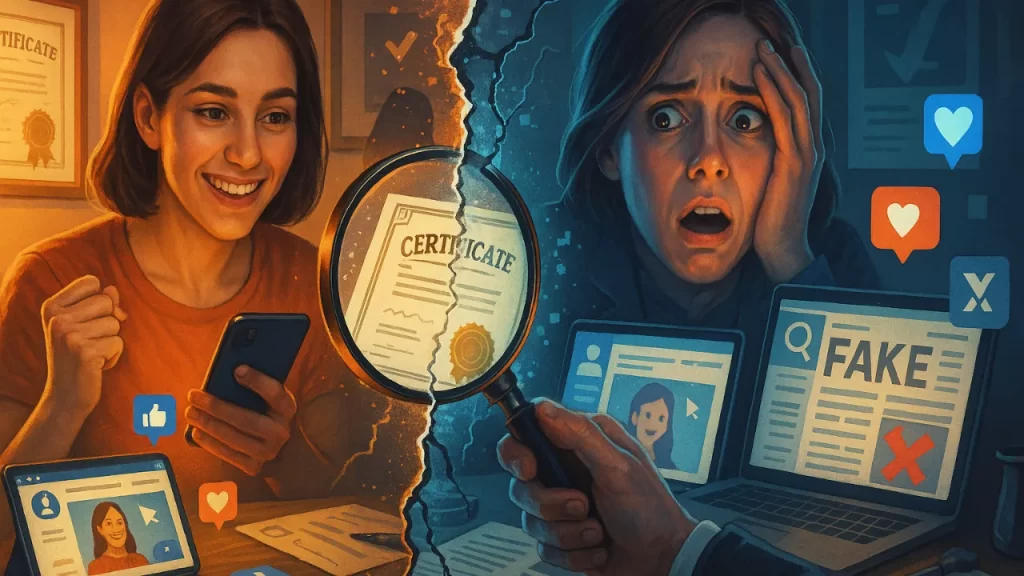 "Consequências da mentira patológica online - pessoa enfrentando exposição da verdade após criação de identidade falsa nas redes sociais"