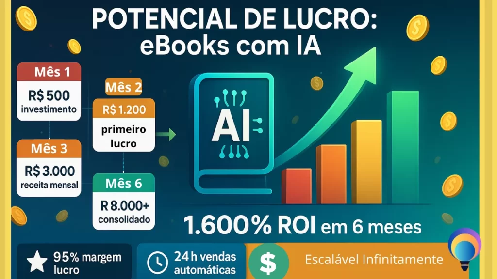 "Infográfico de potencial de lucro com eBooks criados por IA mostrando evolução de R$ 500 investimento para R$ 8.000 mensais em 6 meses"