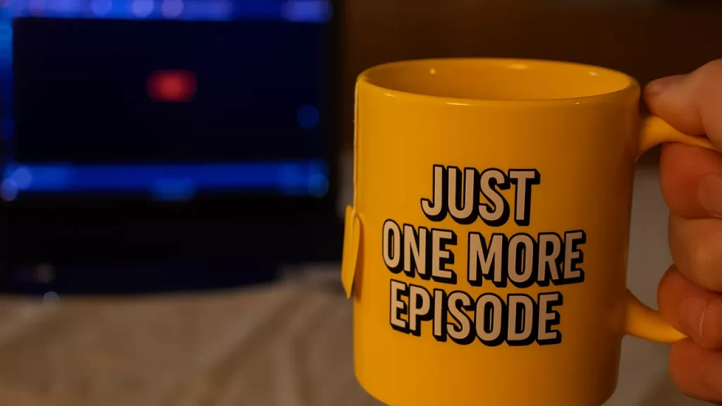 Só mais um episódio para suas séries para ansiedade: Caneca personalizada para amantes de séries, fundo TV ligada na Netflix.
