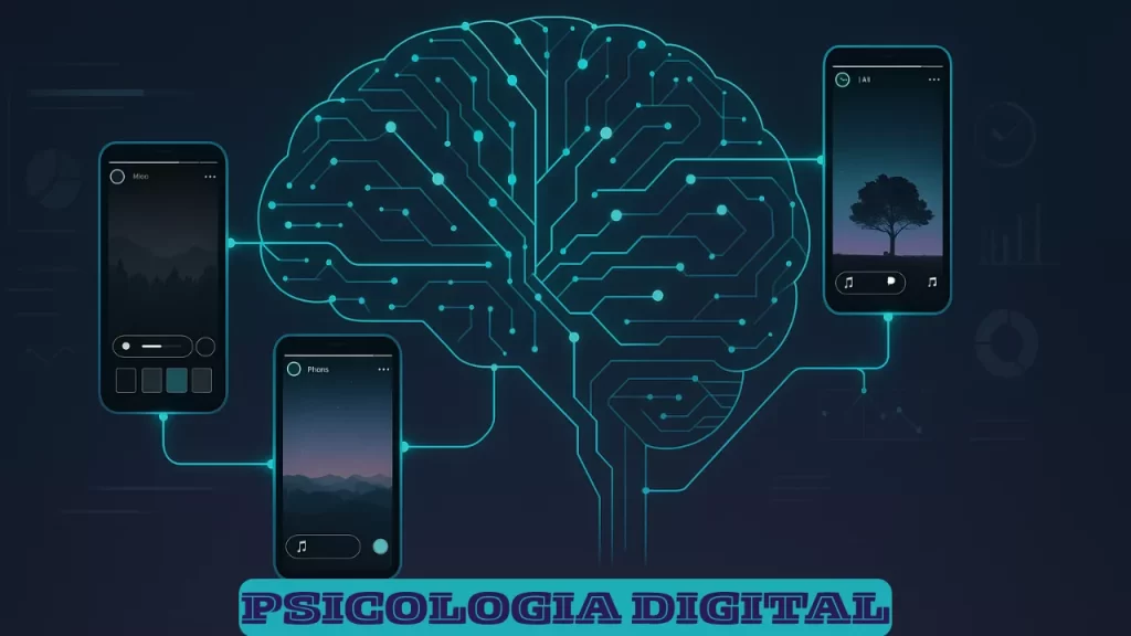 "Cérebro digital conectado a elementos do Instagram Stories representando análise psicológica de comportamento online"
